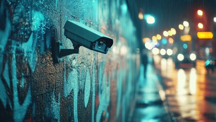 Security camera mounted on an outdoor wall capturing street surveillance in a rainy urban environment with blurred car lights at night modern city background