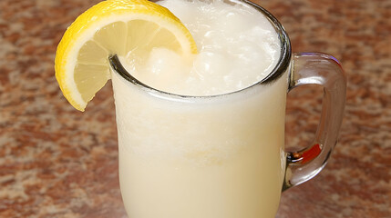 Frozen lemonade drink in glass mug, lemon slice garnish, kitchen background, summer refreshment