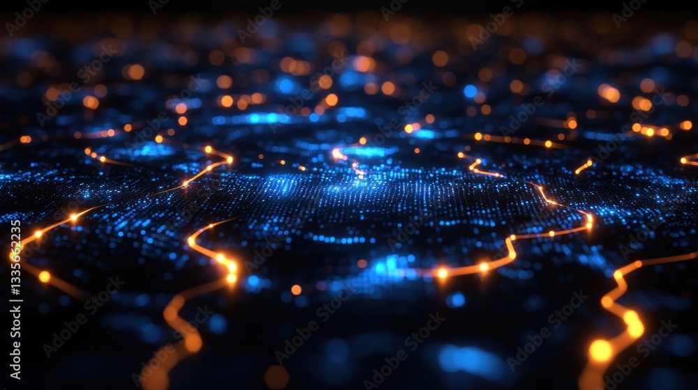 Poster abstract digital landscape: network connections and data flow visualization