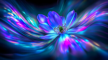 Glowing blue flower, abstract swirls, dark background, artistic design, website header