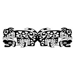 Symmetrical animal design with two fantastic monster cats holding human heads. Native American ethnic motif from ancient Peru. Wari or Huari Andean culture. Black and white silhouette.