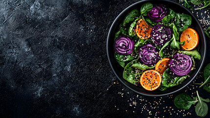 Healthy salad with red onion, spinach, tangerine, sesame seeds