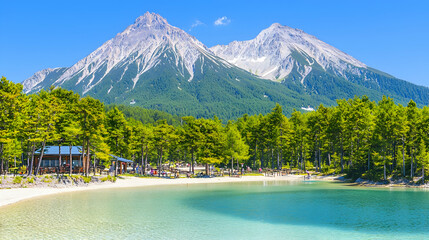 Mountain lake summer beach scenic view