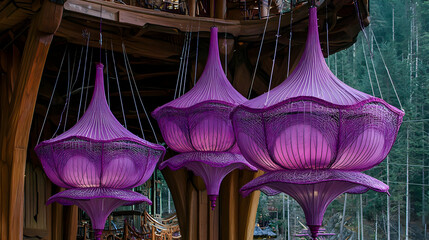 Purple floral lamps hang in wooden structure, forest background; decor, design