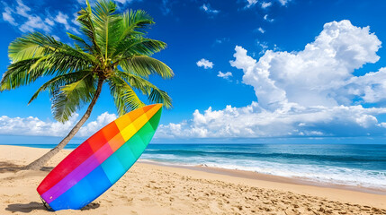 Rainbow surfboard on tropical beach, ocean waves, palm tree, summer vacation