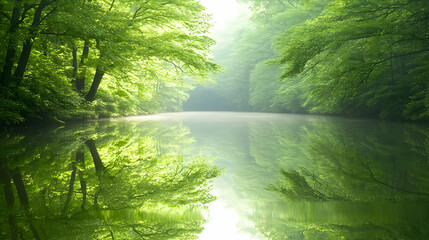 Serene river reflecting lush green forest, misty morning