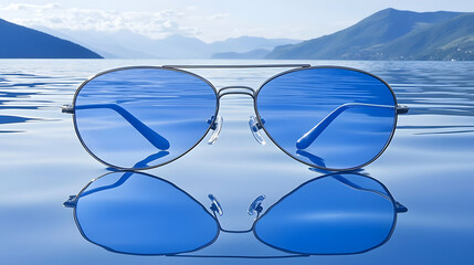Sunglasses floating on calm lake, mountains background; summer vacation