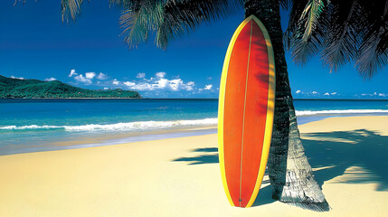 Tropical beach surf board palm tree ocean summer vacation