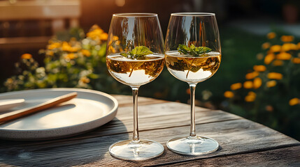 Two wine glasses with mint, garden background, sunset