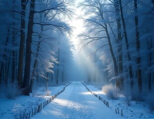 Naklejka premium Winter Forest Path Covered in Snow
