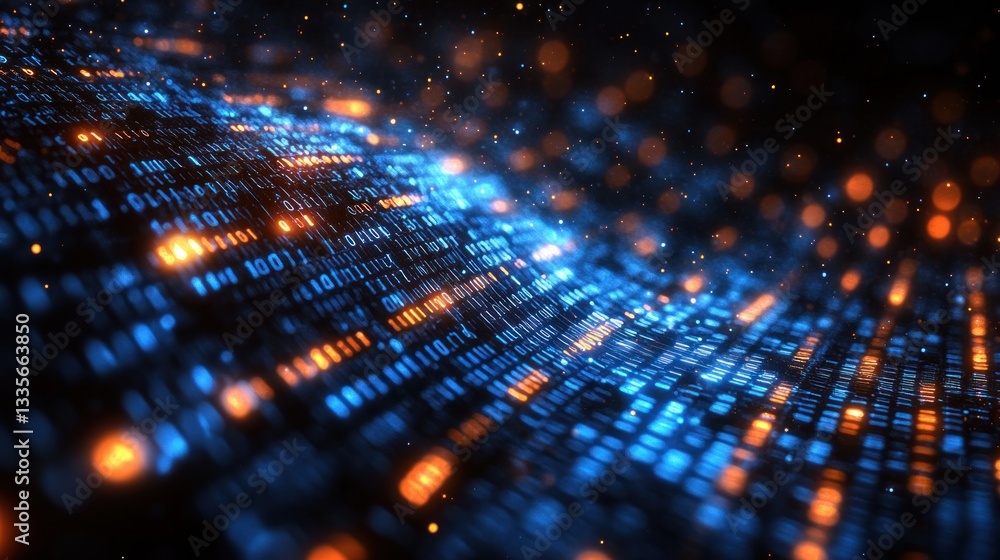 Poster abstract digital data stream: binary code wave in vibrant blue and orange hues