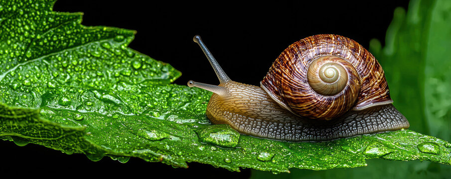 A close-up of a snail resting on a green leaf, surrounded by droplets of water, showcasing its spiral shell and natural habitat.
