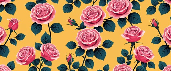 rose pattern on yellow plain background digital abstract art work illustration design