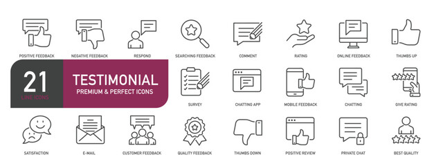 Set of line icons related to testimonial, feedback, satisfaction. Outline icons collection. Editable stroke. Vector illustration