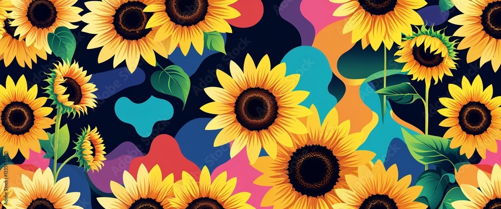 Poster sunflower pattern on colorful plain background digital abstract art work illustration design