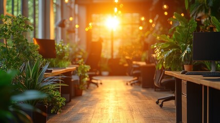 Sunset in a modern, plant-filled office. Warm light streams through large windows, illuminating desks and potted plants. A serene and productive atmosphere.