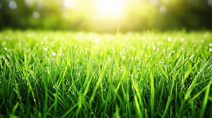 Close-Up of Vibrant Green Grass Blades Glistening in Sunlight