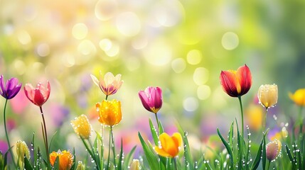Sunlit Spring Meadow with Dewdrops on Colorful Flowers