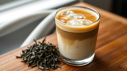 iced hojicha latte with hojicha tea leaves on the side, space for copy