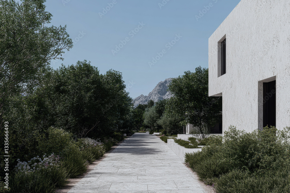 Poster a path with trees and a house in the background