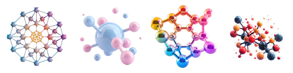 3D colorful abstract molecular spheres on a white background isolated on white or transparent