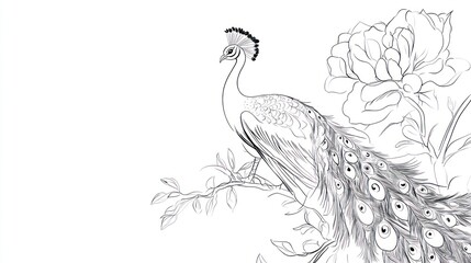 Fototapeta premium Elegant peacock perched on a branch amongst blossoming flowers, intricate line art design