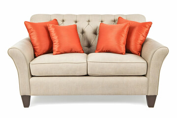 Fototapeta premium Beige loveseat with orange pillows, studio shot, home decor