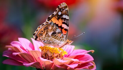 Obraz premium Painted lady butterfly - Vanessa cardui sitting on zinnia flower- 7095