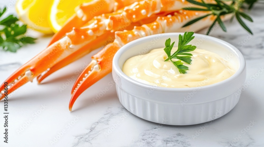 Aufkleber flat lay image of fresh crab claws arranged on a marble countertop with a small bowl of creamy aioli