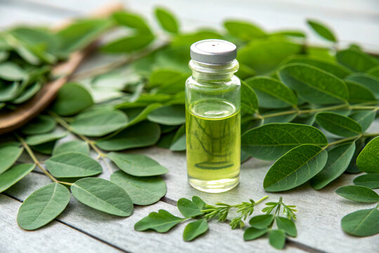 Moringa Leaf Extract in a Small Transparent Vial with Fresh Leaves