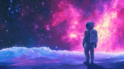 Solitary Astronaut Contemplating a Vibrant Nebula on an Alien Planet