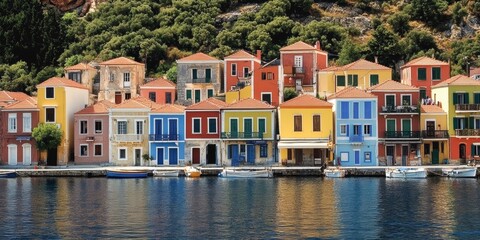 Obraz premium Colorful waterfront houses reflecting in serene water, showcasing charming architecture in a coastal village