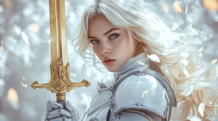 Caucasian woman as warrior of light in fantasy armor holding golden sword. Religious concept of good versus evil. Mythical female warrior for book cover or game design.
