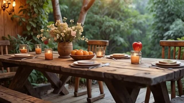 A cozy outdoor dining setup with rustic wooden furniture, glowing string lights, and nature all around, creating a warm and inviting atmosphere.







