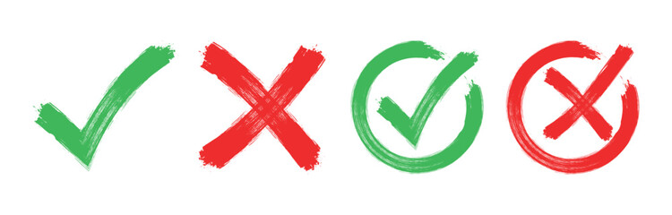 Set hand drawn check mark, tick and cross brush signs, checkmark OK and X icons, symbols YES and NO button, sketch checkmarks,  - stock vector