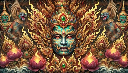 Intricate Colorful Depiction of Mythical Deity