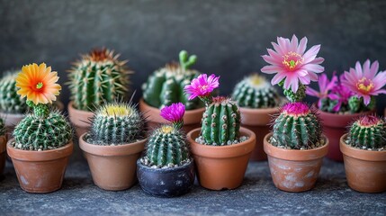 Collection of Small Potted Cacti with Colorful Floral Adornments