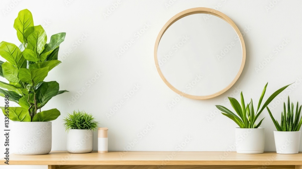 Poster a stylish and minimalist entryway console table with a simple round mirror above and decorative pott