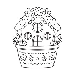 Obraz premium Miniature Garden Bold And Easy Coloring Pages. house in a basket.