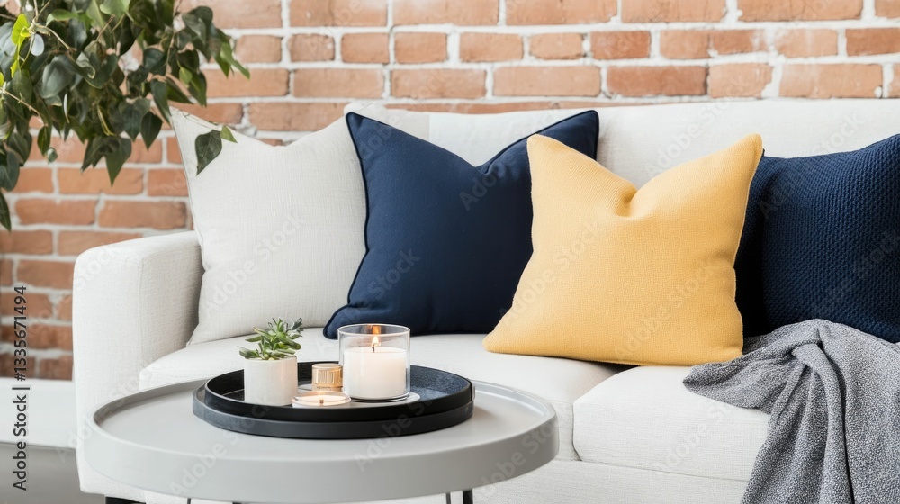 Poster a stylish and comfortable sofa adorned with plush throw pillows in a cozy intimate setting a round s
