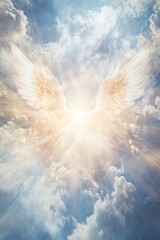 Angelic wings in cloudy sky with divine light. Heavenly spiritual concept. Ethereal religious imagery for faith inspiration, greeting card, or book cover design. Copy space.