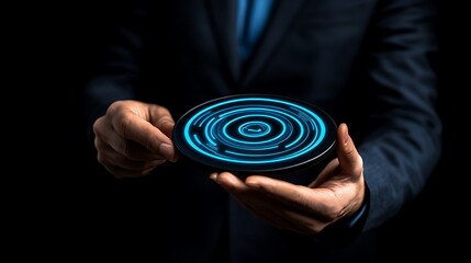Businessman holding futuristic glowing disc.