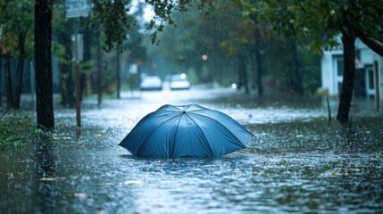 A blue umbrella is partially submerged in a flooded street, surrounded by trees, creating a scene of heavy rain and urban waterlogging.