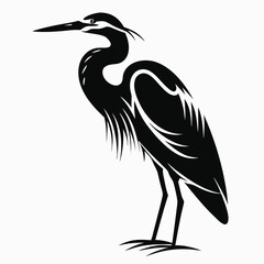 Fototapeta premium Black heron bird silhouette standing on white background, elegant and detailed design