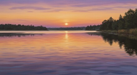 Tranquil sunset over serene lake with vibrant reflections and forest silhouette