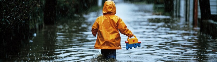 A child wearing a yellow raincoat walks through floodwaters, holding a toy, highlighting the impact of severe weather on communities.