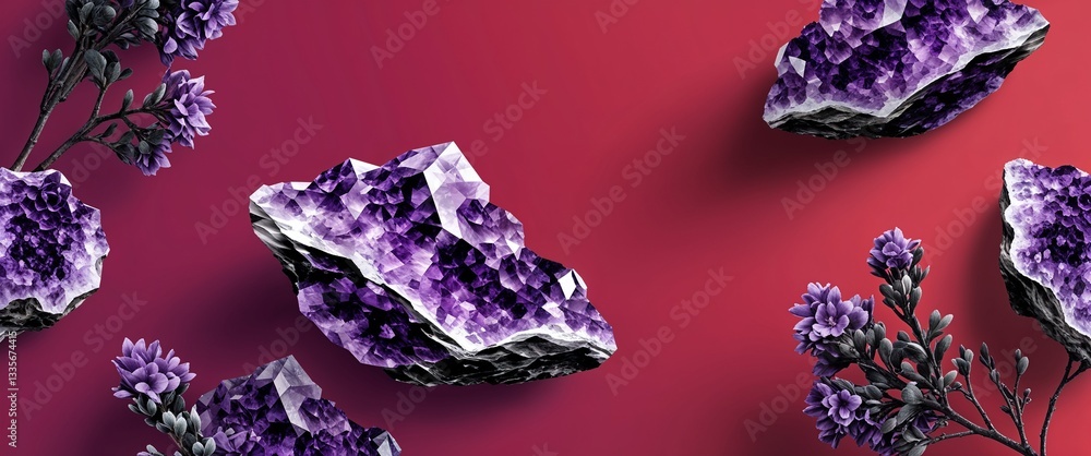 Poster amethyst pattern on red plain background digital abstract art work illustration design