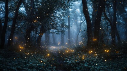 Obraz premium Mystical Foggy Forest Filled with Fireflies at Dusk