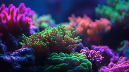 Obraz premium Brightly colored coral reef teeming with vibrant marine life in an underwater setting at dusk