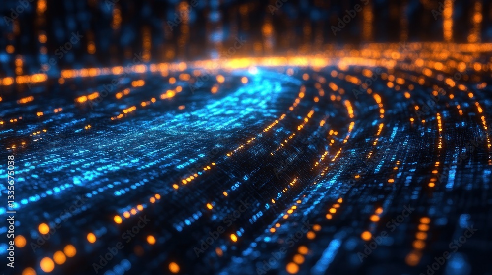 Poster abstract digital wave: a mesmerizing visualization of data flow, showcasing vibrant blue and orange 
